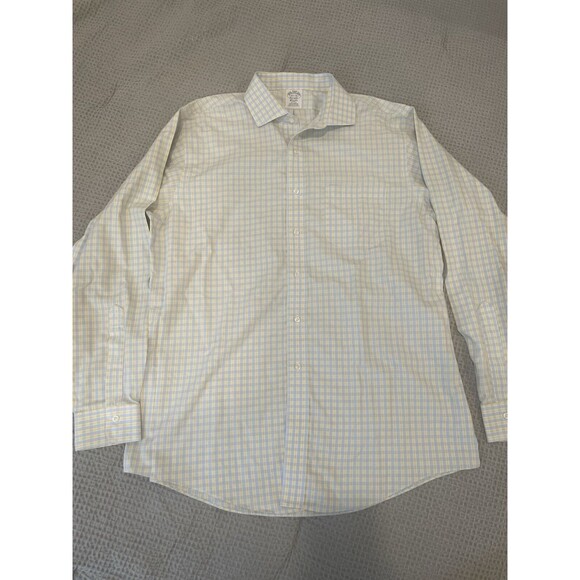 Brooks Brothers Classic Shirt Mens 16.5 35 Blue Yellow Button Up Non Iron - Picture 1 of 11